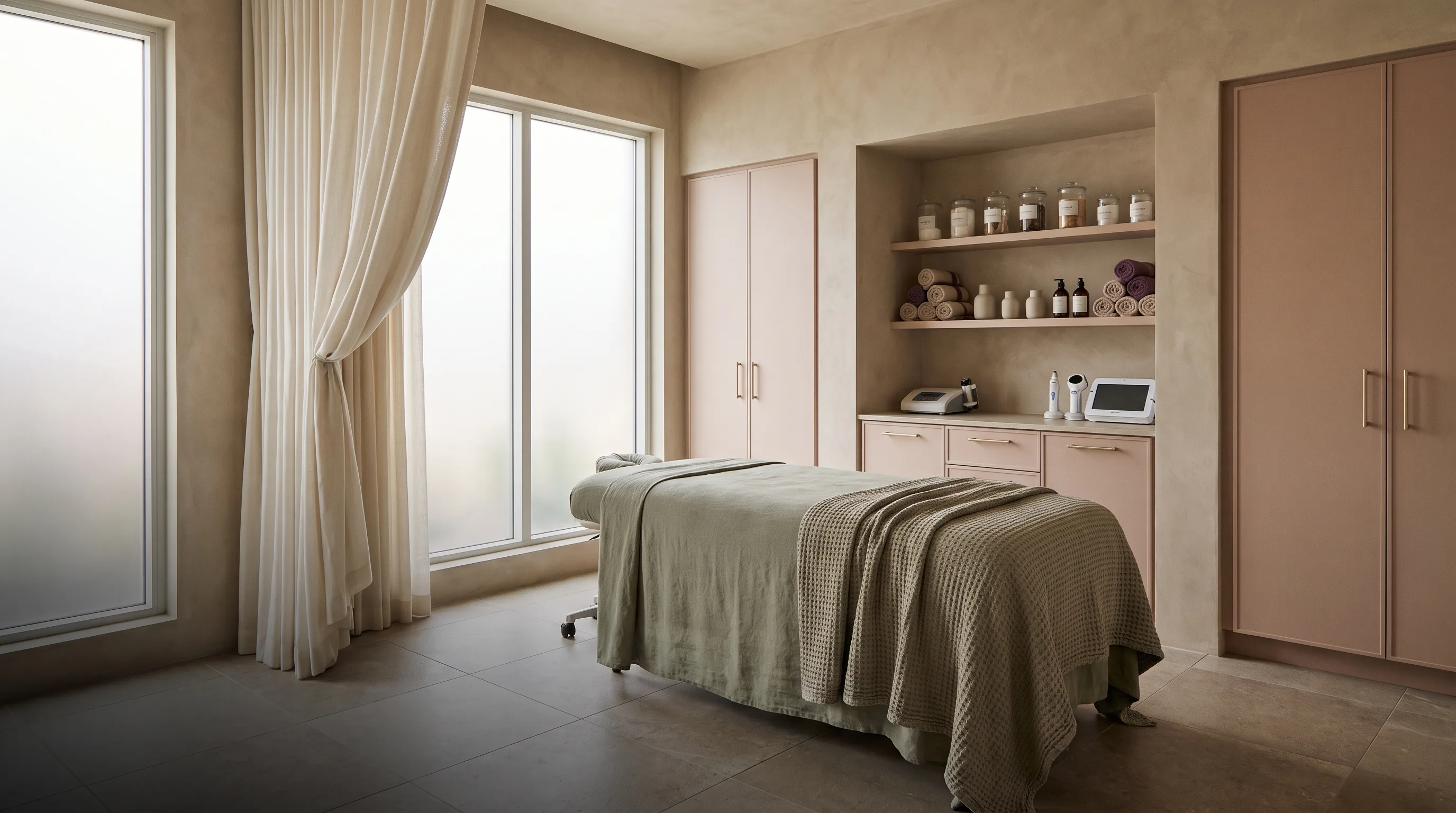 An imagined treatment room with soft daylight, rose cabinetry and a sage treatment bed.